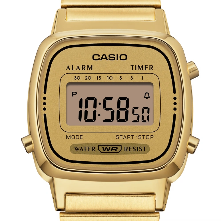 Casio,VINTAGE 30.30x24.60mm,30.30x24.60mm,Resin,Gold,Quartz,Countdown,Chronograph,Month,Date,Plexi,Glass,Square,LA670WGA,LA670WGA-9