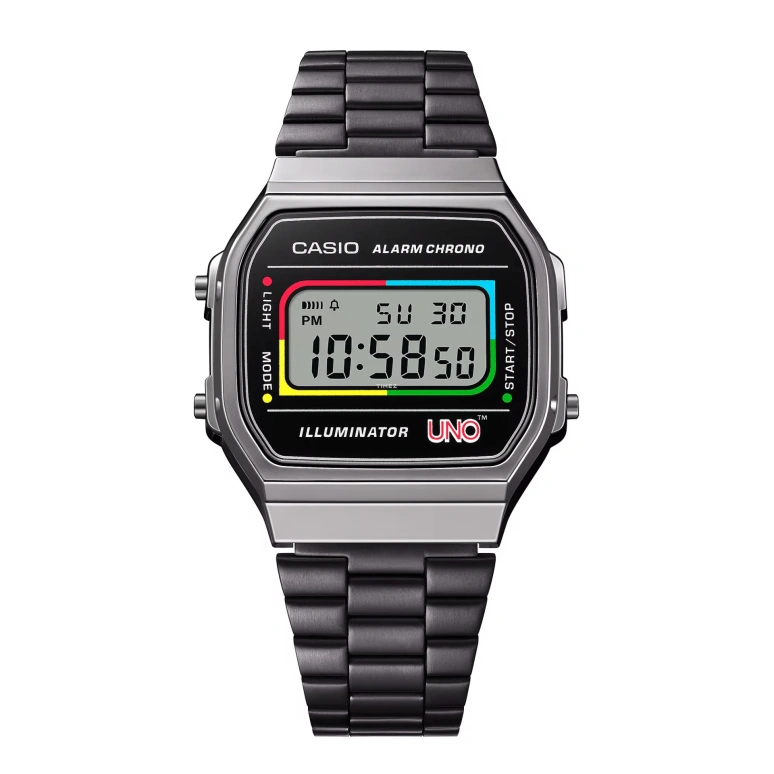 Casio,VINTAGE 38.60x36.30mm,38.60x36.30mm,Resin,Black,Quartz,Chronograph,Date,Day,Hour Strike,Plexi,Glass,Square,A168WEUC,A168WEUC-1A