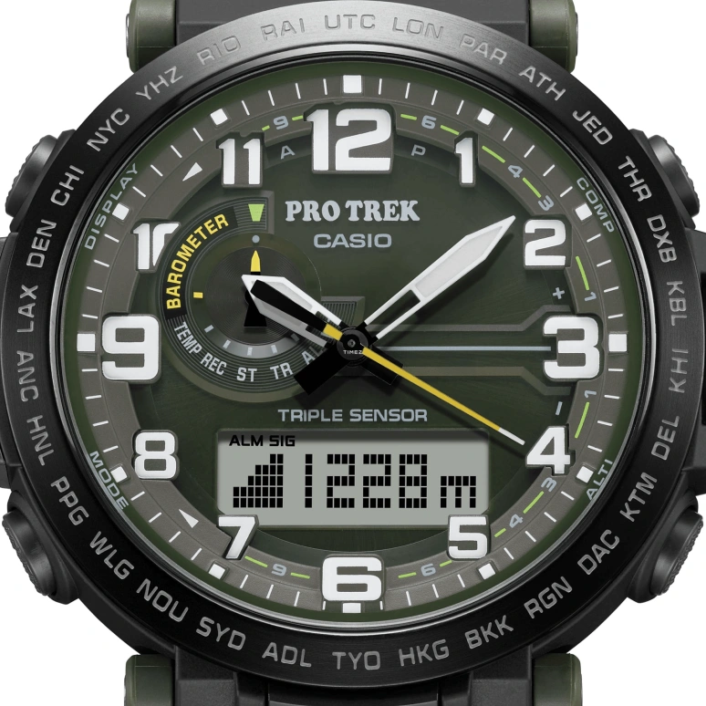 Casio,PROTREK 51.60x51.50mm,51.60x51.50mm,Bio-sourced,Stainless Steel,Grey,Olive Green,Quartz,Countdown,Chronograph,Month,Date,Hardlex,Glass,Round,PRG601YB,PRG601YB-3