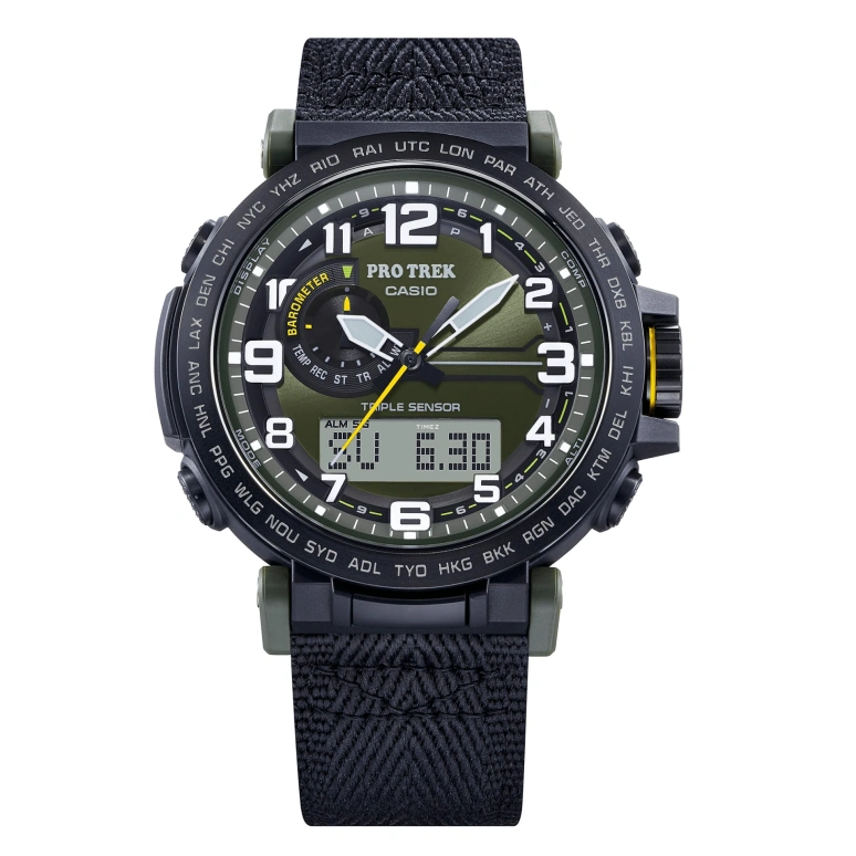 Casio,PROTREK 51.60x51.50mm,51.60x51.50mm,Bio-sourced,Stainless Steel,Grey,Olive Green,Quartz,Countdown,Chronograph,Month,Date,Hardlex,Glass,Round,PRG601YB,PRG601YB-3