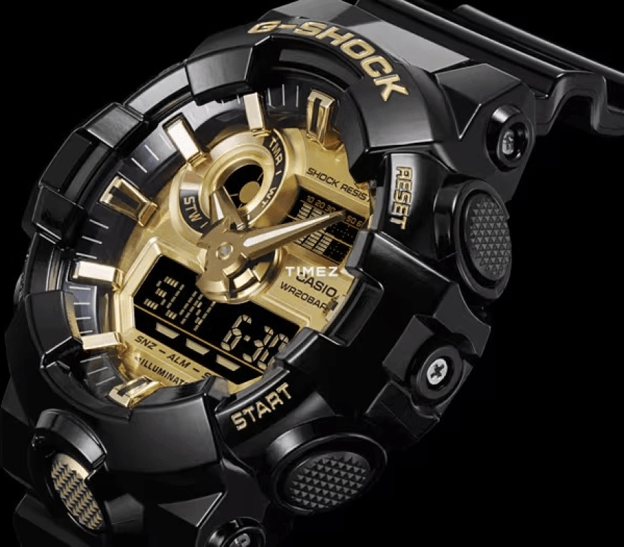 Casio,G-SHOCK 53.40mm,53.40mm,Resin,Gold,Quartz,Countdown,Chronograph,Month,Date,Hardlex,Round,GA710GB,GA710GB-1A