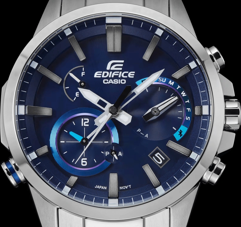 Casio,EDIFICE 48.20mm,48.20mm,Stainless Steel,Blue,Quartz,Chronograph,Date,Day,Power Reserve Indicator,Hardlex,Round,EQB700D,EQB700D-2A