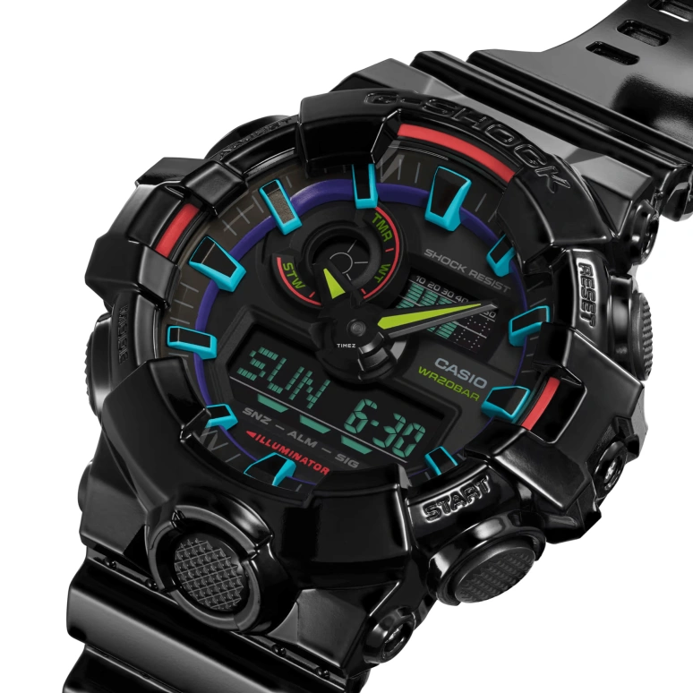 Casio,G-SHOCK 53.40mm,53.40mm,Resin,Black,Quartz,Countdown,Chronograph,Month,Date,Hardlex,Round,GA700RGB,GA700RGB-1A