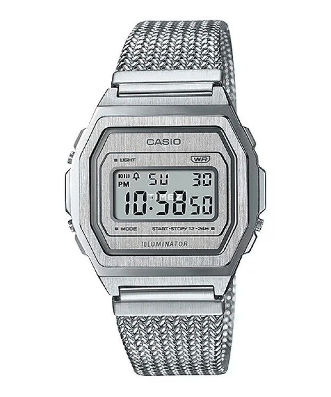 Casio,VINTAGE 39.60x38mm,39.60x38mm,Stainless Steel,Silver,Quartz,Chronograph,Date,Day,Hour Strike,Hardlex,Square,A1000MA,A1000MA-7VT