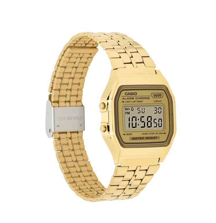 Casio,VINTAGE 36.80x33.20mm,36.80x33.20mm,Resin,Gold,Quartz,Chronograph,Date,Day,Hour Strike,Plexi,Cushion,A158WETG,A158WETG-9A