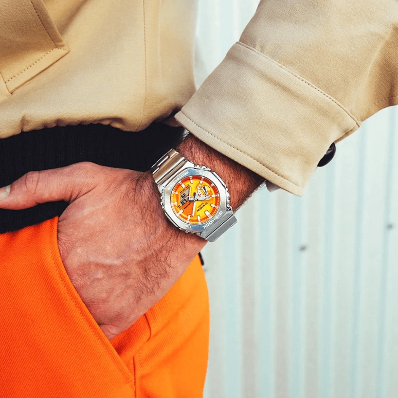 Casio,G-SHOCK 44.40mm,44.40mm,Stainless Steel,Orange,Quartz,Countdown,Chronograph,Month,Date,Hardlex,Octagon,GM2110D,GM2110D-4A