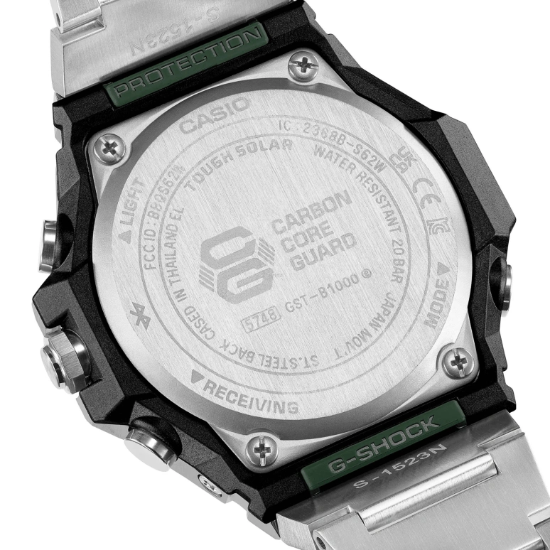 Casio,G-STEEL 46.90x44.20mm,46.90x44.20mm,Stainless Steel,Bio-sourced,Carbon,Green,Quartz,Countdown,Chronograph,Date,Day,Hardlex,Octagon,GSTB1000D,GSTB1000D-3A