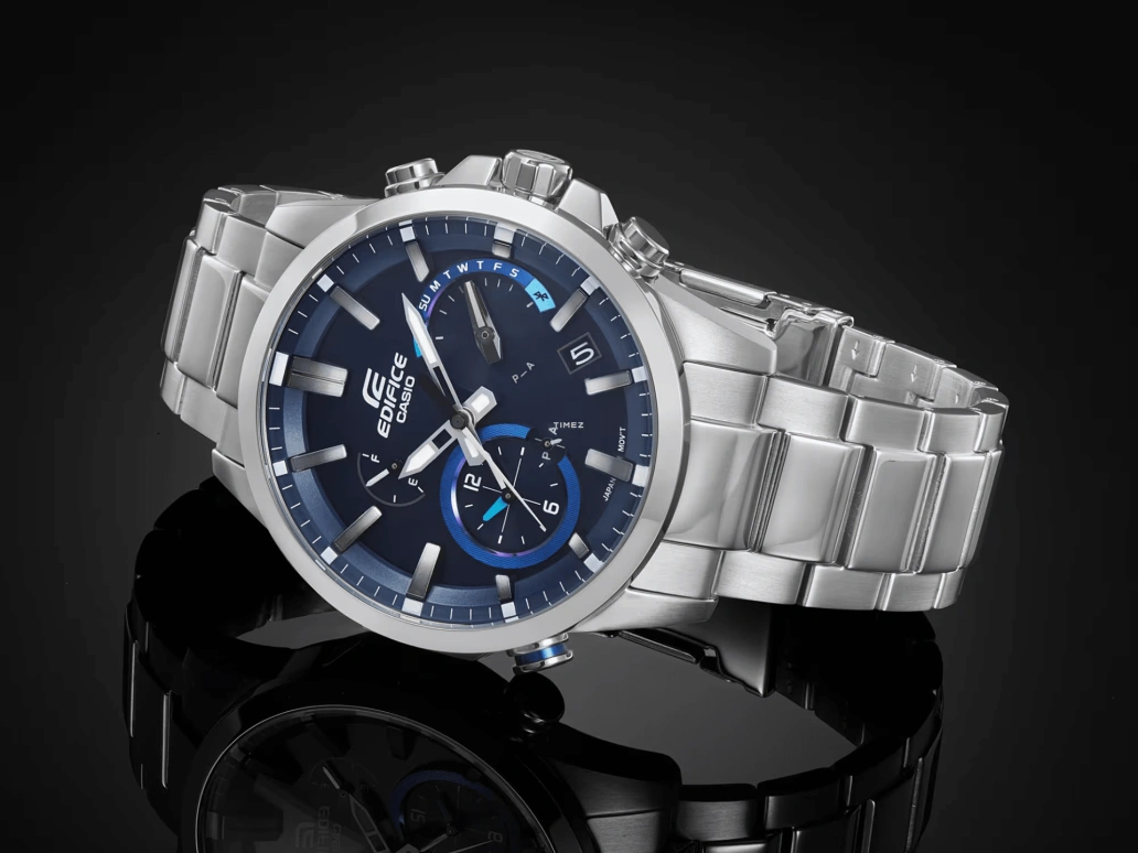 Casio,EDIFICE 48.20mm,48.20mm,Stainless Steel,Blue,Quartz,Chronograph,Date,Day,Power Reserve Indicator,Hardlex,Round,EQB700D,EQB700D-2A