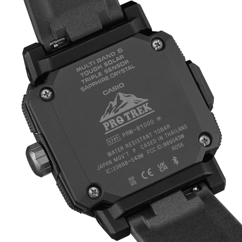 Casio,PROTREK 50.80x45.80mm,50.80x45.80mm,Resin,Stainless Steel,Bio-sourced,Black,Quartz,Countdown,Chronograph,Month,Date,Sapphire,Crystal Glass,Square,PRWB1000,PRWB1000-1