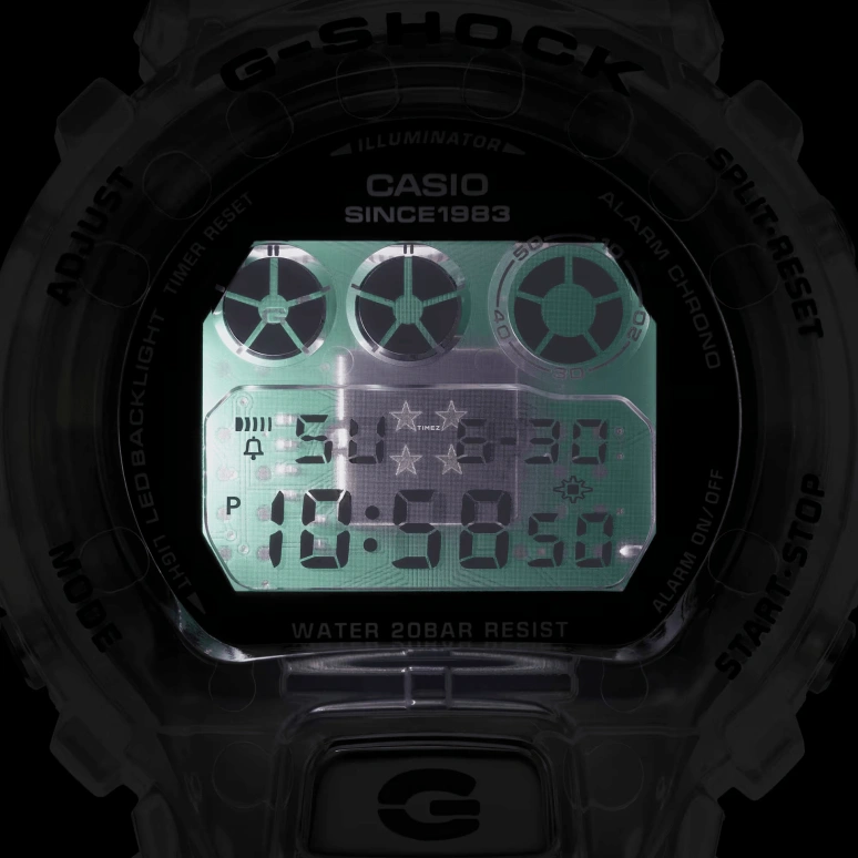 Casio,G-Shock 6900 50mm,50mm,Resin,Transparent,Black,Quartz,Countdown,Chronograph,Month,Date,Hardlex,Round,DW6940RX,DW6940RX-7