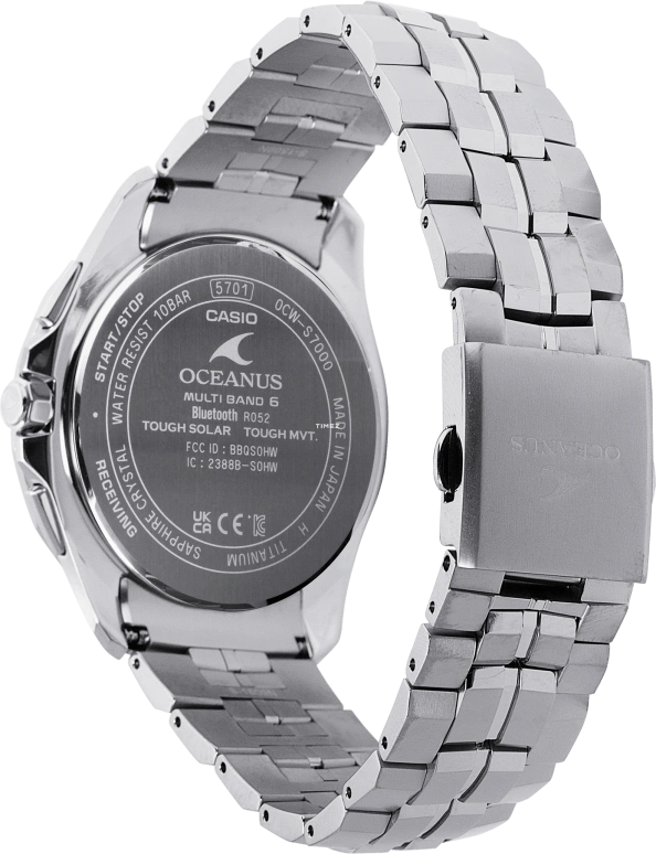 Casio,OCEANUS 47.50x42.80mm,47.50x42.80mm,Titanium,White,Quartz,Chronograph,Date,Day,Power Reserve Indicator,Sapphire,Crystal Glass,Round,OCWS7000D,OCWS7000D-7A