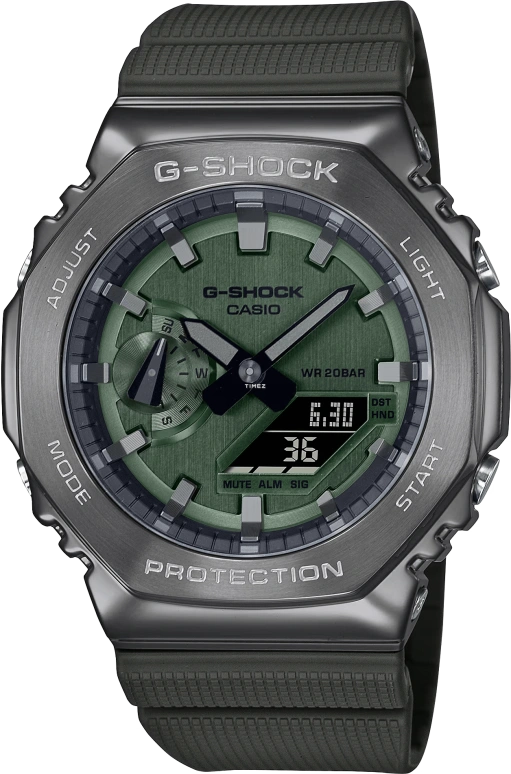 Casio,G-SHOCK 49.30x44.40mm,49.30x44.40mm,Resin,Stainless Steel,Green,Quartz,Countdown,Chronograph,Month,Date,Hardlex,Round,GM2100B,GM2100B-3A