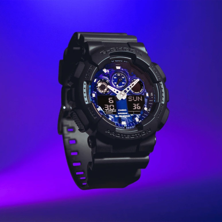 Casio,G-SHOCK 51.20mm,51.20mm,Resin,Blue,Quartz,Countdown,Chronograph,Month,Date,Hardlex,Round,GA100FL,GA100FL-1A