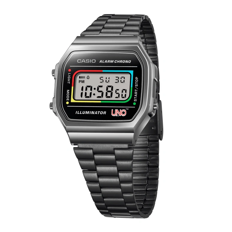 Casio,VINTAGE 38.60x36.30mm,38.60x36.30mm,Resin,Black,Quartz,Chronograph,Date,Day,Hour Strike,Plexi,Glass,Square,A168WEUC,A168WEUC-1A