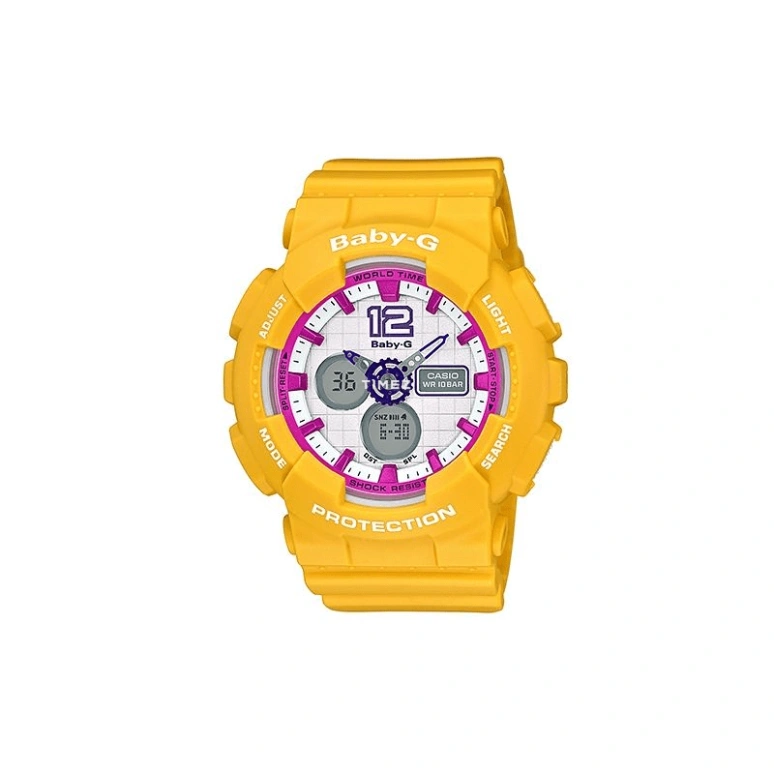 Casio,BABY-G 43mm,43mm,Acrylic,Plastic,White,Pink,Quartz,Countdown,Chronograph,Perpetual Calendar,Month,Round,Yellow,BA,BA-120-9B
