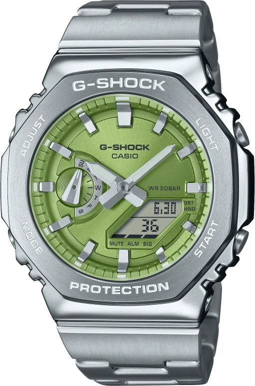 Casio,G-SHOCK 44.40mm,44.40mm,Stainless Steel,Olive Green,Quartz,Countdown,Chronograph,Month,Date,Octagon,Silver,GM2110D,GM2110D-3A