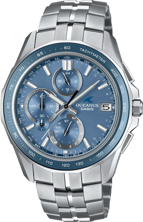 Casio,OCEANUS 47.50x42.80mm,47.50x42.80mm,Titanium,Sapphire,Ice Blue,Quartz,Chronograph,Date,Day,World Time,Sapphire,Crystal Glass,Round,OCWS7000E,OCWS7000E-2A