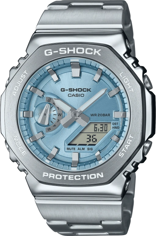 Casio,G-SHOCK 44.40mm,44.40mm,Stainless Steel,Ice Blue,Quartz,Countdown,Chronograph,Month,Date,Sapphire,Octagon,GM2110D,GM2110D-2A