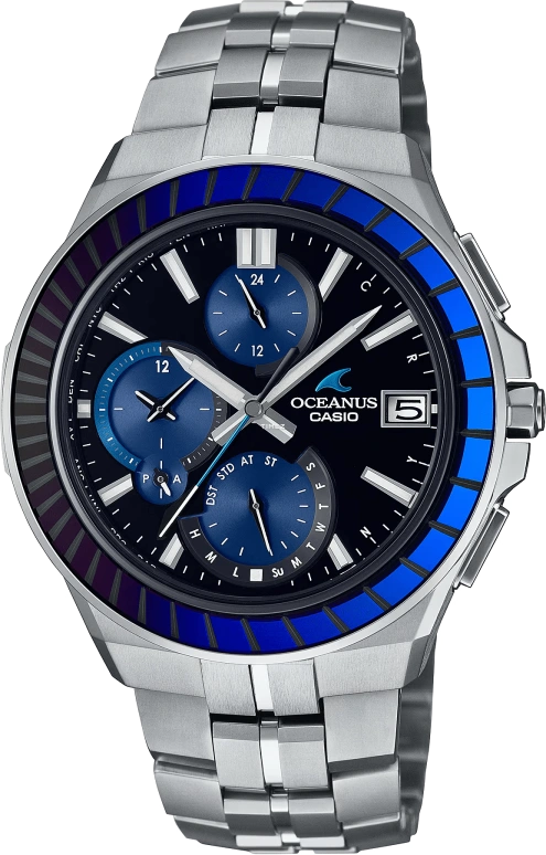 Casio,OCEANUS 48.80x42.30mm,48.80x42.30mm,Titanium,Black,Quartz,Chronograph,Date,Day,World Time,Sapphire,Crystal Glass,Silver,OCWS5000EK1A