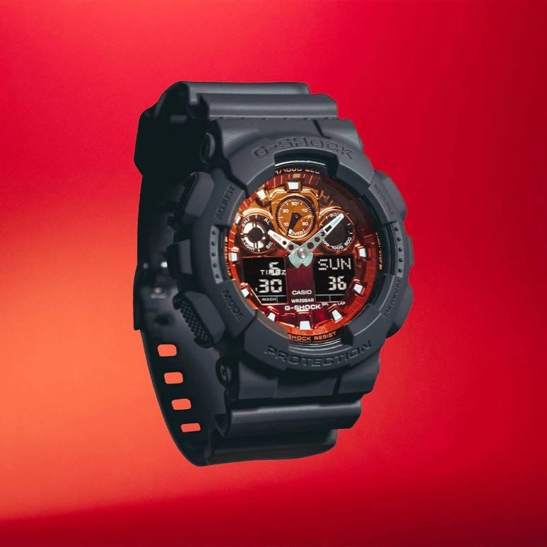 Casio,G-Shock GA-100 51.20mm,51.20mm,Resin,Orange,Quartz,Countdown,Chronograph,Month,Date,Hardlex,Round,GA100FL,GA100FL-8A
