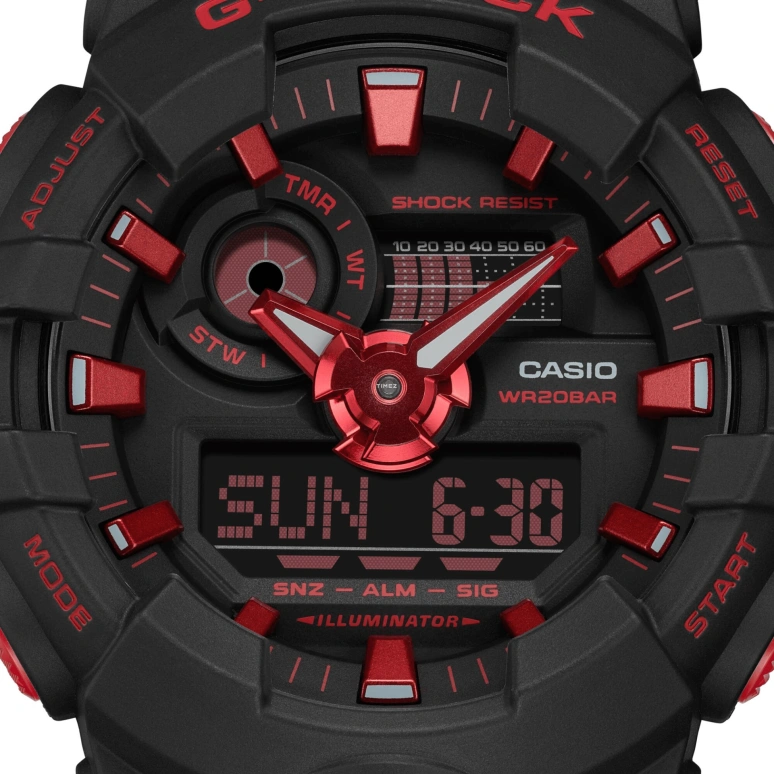 Casio,G-SHOCK 53.40mm,53.40mm,Resin,Black,Red,Quartz,Countdown,Chronograph,Month,Date,Hardlex,Round,GA700BNR,GA700BNR-1A