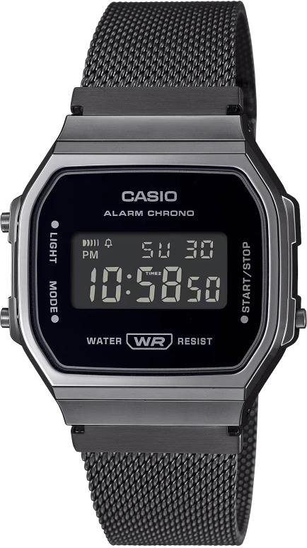 Casio,VINTAGE 38.60x36.30mm,38.60x36.30mm,Resin,Black,Quartz,Chronograph,Month,Date,Day,Plexi,Square,A168WEMB,A168WEMB-1BVT