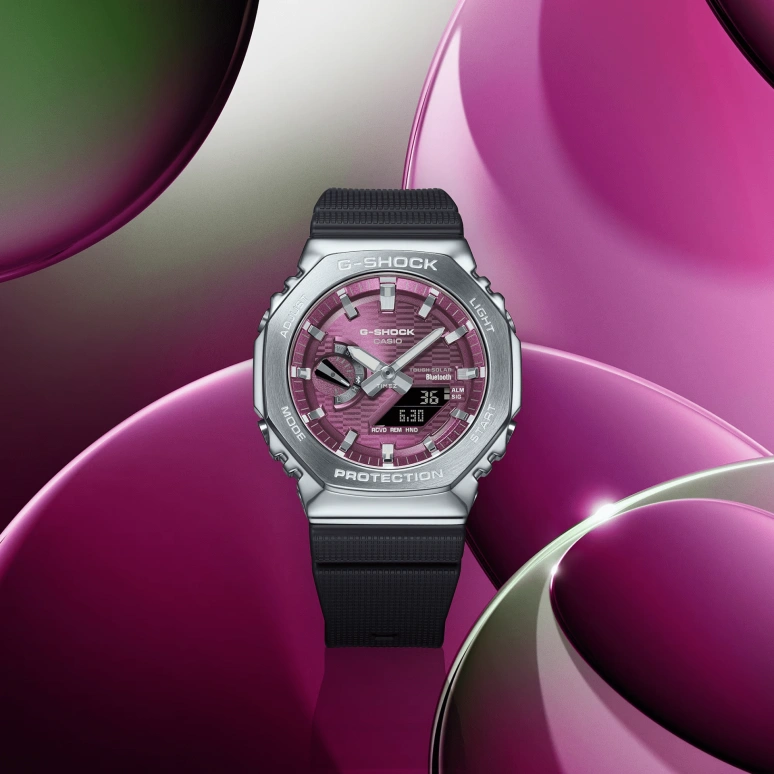 Casio,G-STEEL 49.30x44.40mm,49.30x44.40mm,Stainless Steel,Bio-sourced,Resin,Burgundy,Quartz,Countdown,Chronograph,Month,Date,Sapphire,Crystal Glass,Octagon,GBM2100A,GBM2100A-4B