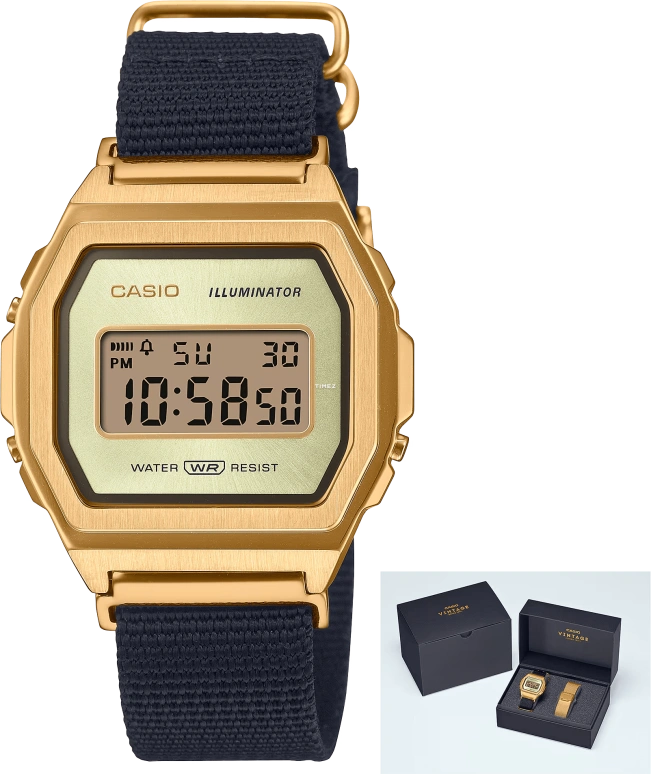 Casio,VINTAGE 39.60x38mm,39.60x38mm,Stainless Steel,Gold,Quartz,Chronograph,Date,Day,Hour Strike,Hardlex,Square,A1000MGN,A1000MGN-9