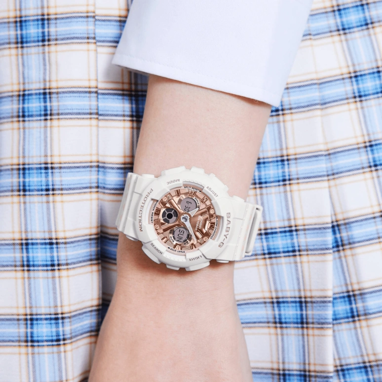 Casio,BABY-G 43.50mm,43.50mm,Resin,Rose Gold,Quartz,Countdown,Chronograph,Month,Date,Hardlex,Round,BA130SP,BA130SP-7A
