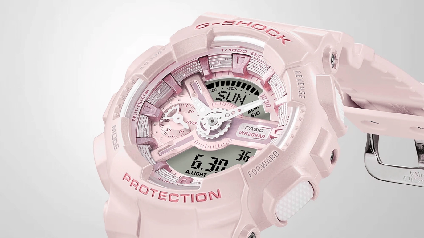 Casio,G-SHOCK 45.80mm,45.80mm,Resin,Bio-sourced,Pink Red,Quartz,Countdown,Chronograph,Date,Day,Hardlex,Round,GMAS110ST,GMAS110ST-4A