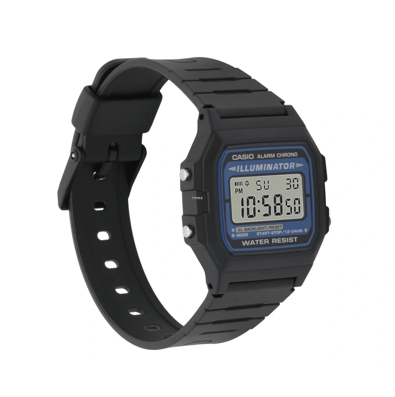 Casio,DIGITAL 39x35.40mm,39x35.40mm,Resin,Blue,Quartz,Chronograph,Date,Day,Hour Strike,Plexi,Square,F105W,F105W-1A