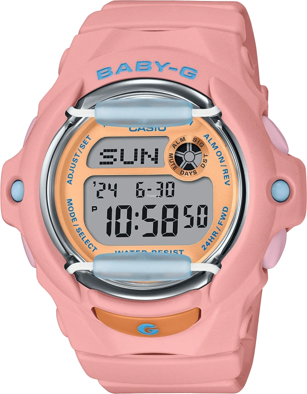 Casio,BABY-G 45.90x42.60mm,45.90x42.60mm,Resin,Stainless Steel,Salmon,Grey,Quartz,Countdown,Chronograph,Annual Calendar,Month,Hardlex,Round,BG169PB,BG169PB-4