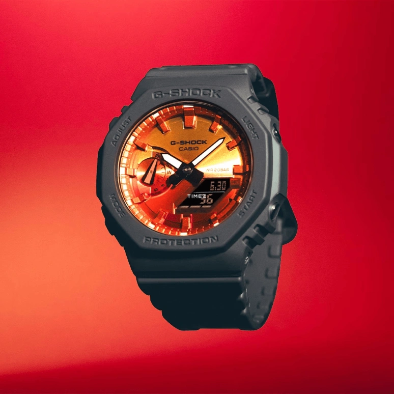 Casio,G-SHOCK 45.40mm,45.40mm,Carbon,Bio-sourced,Resin,Dual,Charcoal Red,Gradient,Quartz,Countdown,Chronograph,Month,Date,Hardlex,Octagon,GA2100FL,GA2100FL-8A