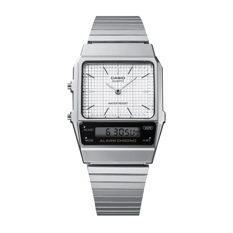 Casio,VINTAGE 40.70x32.10mm,40.70x32.10mm,Resin,Black,White,Quartz,Chronograph,Month,Date,Day,Plexi,Rectangular,AQ800E,AQ800E-7A