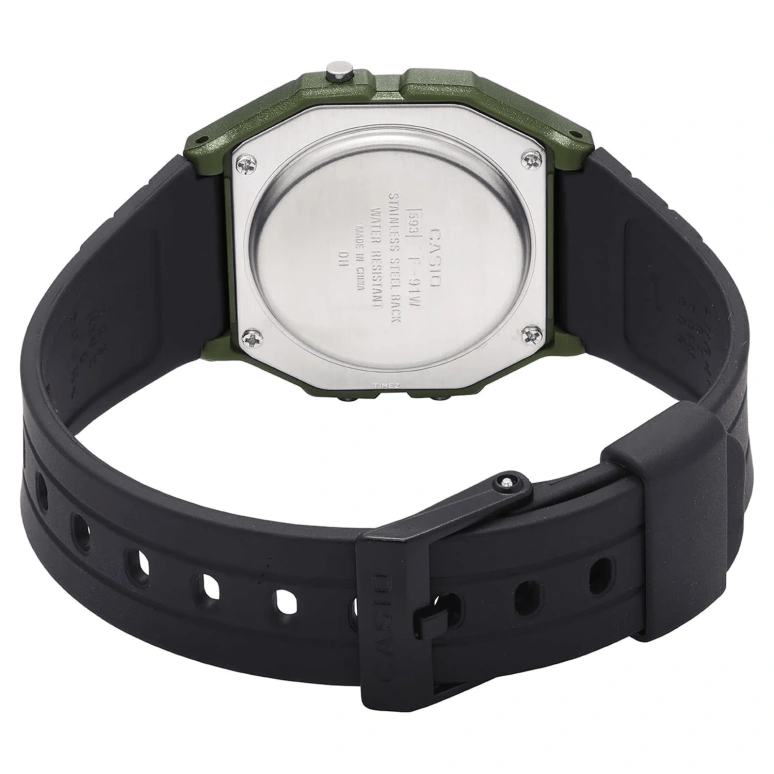 Casio,DIGITAL 38.20x35.20mm,38.20x35.20mm,Resin,Black,Quartz,Chronograph,Date,Day,Hour Strike,Plexi,Square,F91WM,F91WM-3A