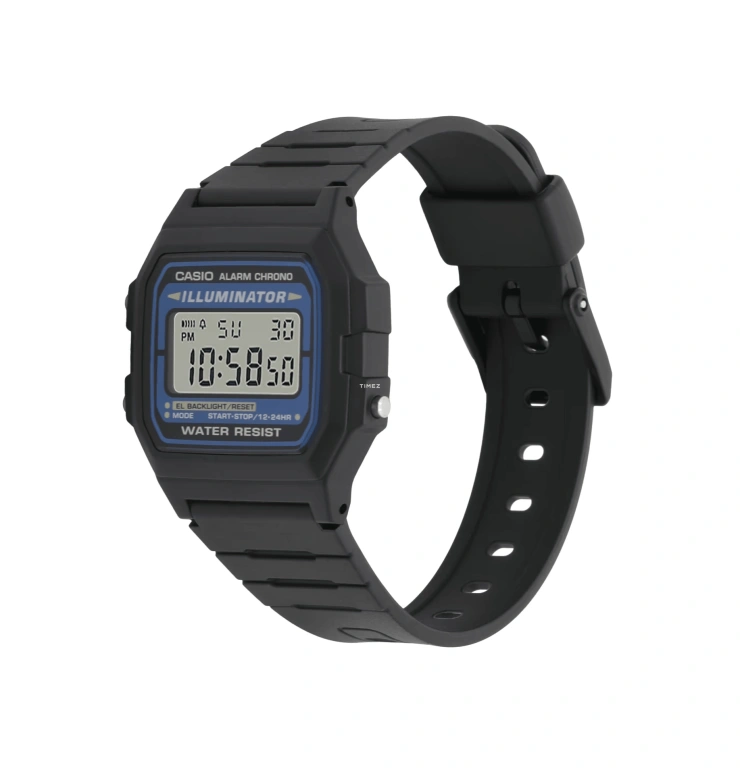 Casio,DIGITAL 39x35.40mm,39x35.40mm,Resin,Blue,Quartz,Chronograph,Date,Day,Hour Strike,Plexi,Square,F105W,F105W-1A