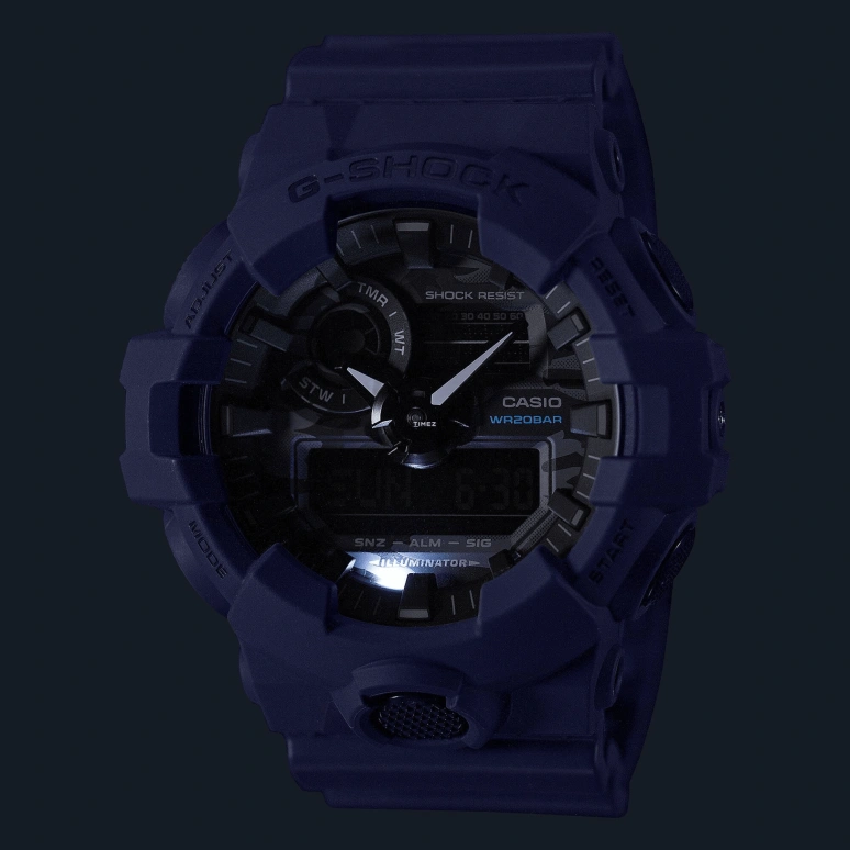 Casio,G-SHOCK 57.50x53.40mm,57.50x53.40mm,Resin,Black,Blue,Quartz,Countdown,Chronograph,Month,Date,Hardlex,Round,GA700CA,GA700CA-2A