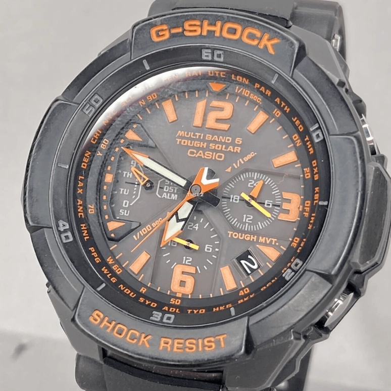 Casio,G-SHOCK 64.20x46.60mm,64.20x46.60mm,Resin,Black,Quartz,Date,Day,World Time,Alarm,Hardlex,Glass,Tonneau,GW,GW-3000B-1A