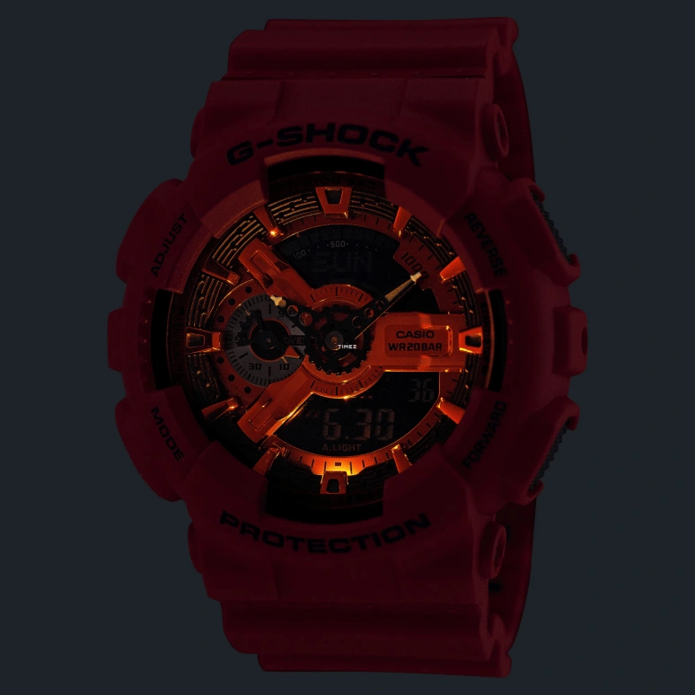 Casio,G-Shock GA-110 55x51.20mm,55x51.20mm,Bio-sourced,Resin,Red,Quartz,Countdown,Chronograph,Month,Date,Hardlex,Round,GA110RRB,GA110RRB-4A