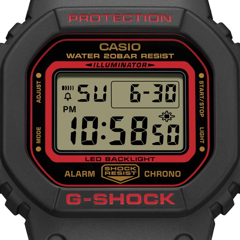 Casio,G-SHOCK 48.90x42.80mm,48.90x42.80mm,Resin,Black,Yellow,Red,Quartz,Countdown,Chronograph,Month,Date,Hardlex,Square,DW5600KH,DW5600KH-1