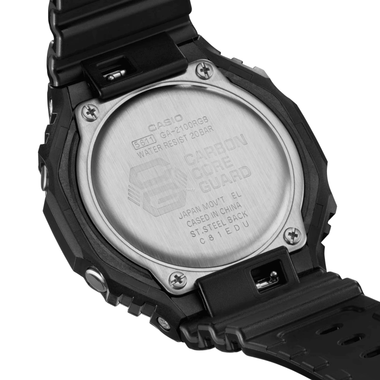 Casio,G-SHOCK 48.50x45.40mm,48.50x45.40mm,Resin,Carbon,Black,Quartz,Countdown,Chronograph,Month,Date,Hardlex,Round,GA2100RGB,GA2100RGB-1A