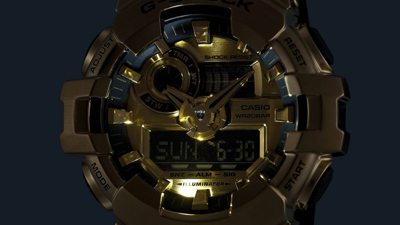 Casio,G-STEEL 53.40mm,53.40mm,Resin,Bio-sourced,Stainless Steel,Gold,Quartz,Countdown,Chronograph,Month,Date,Hardlex,Round,GM700G,GM700G-9A