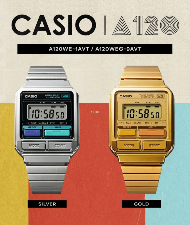 Casio,VINTAGE 40.70x33.50mm,40.70x33.50mm,Resin,Gold,Quartz,Chronograph,Month,Date,Day,Plexi,Rectangular,A120WEG,A120WEG-9AVT
