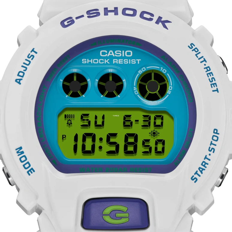Casio,G-Shock 6900 53.20x50mm,53.20x50mm,Bio-sourced,Resin,Blue,Green,Quartz,Countdown,Chronograph,Month,Date,Hardlex,Round,DW6900RCS,DW6900RCS-7
