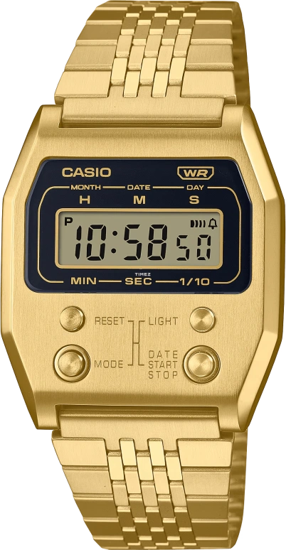Casio,VINTAGE 40x35mm,40x35mm,Stainless Steel,Black,Gold,Quartz,Chronograph,Date,Day,Hour Strike,Hardlex,Tonneau,A1100G,A1100G-5VT