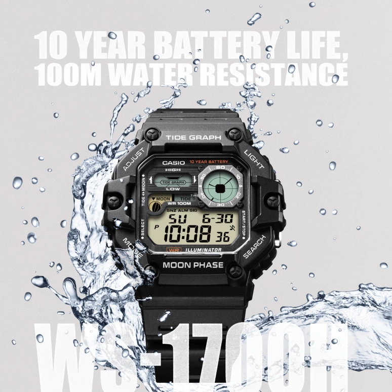 Casio,Standard 52.50x48.60mm,52.50x48.60mm,Resin,Black,Grey,Quartz,Countdown,Chronograph,Moonphase,Month,Plexi,Glass,Octagon,WS1700H,WS1700H-1AV