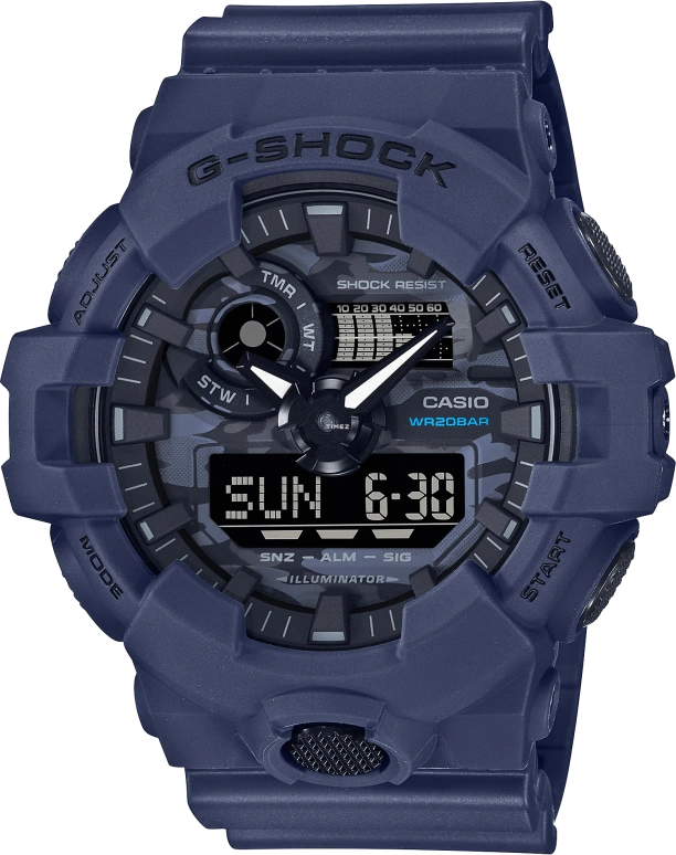 Casio,G-SHOCK 57.50x53.40mm,57.50x53.40mm,Resin,Black,Blue,Quartz,Countdown,Chronograph,Month,Date,Hardlex,Round,GA700CA,GA700CA-2A