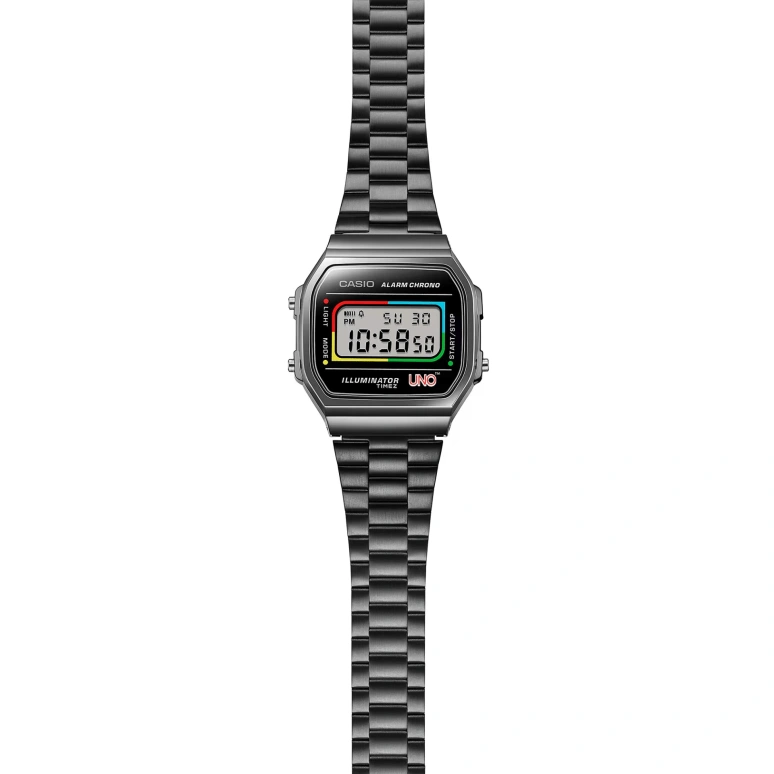 Casio,VINTAGE 38.60x36.30mm,38.60x36.30mm,Resin,Black,Quartz,Chronograph,Date,Day,Hour Strike,Plexi,Glass,Square,A168WEUC,A168WEUC-1A