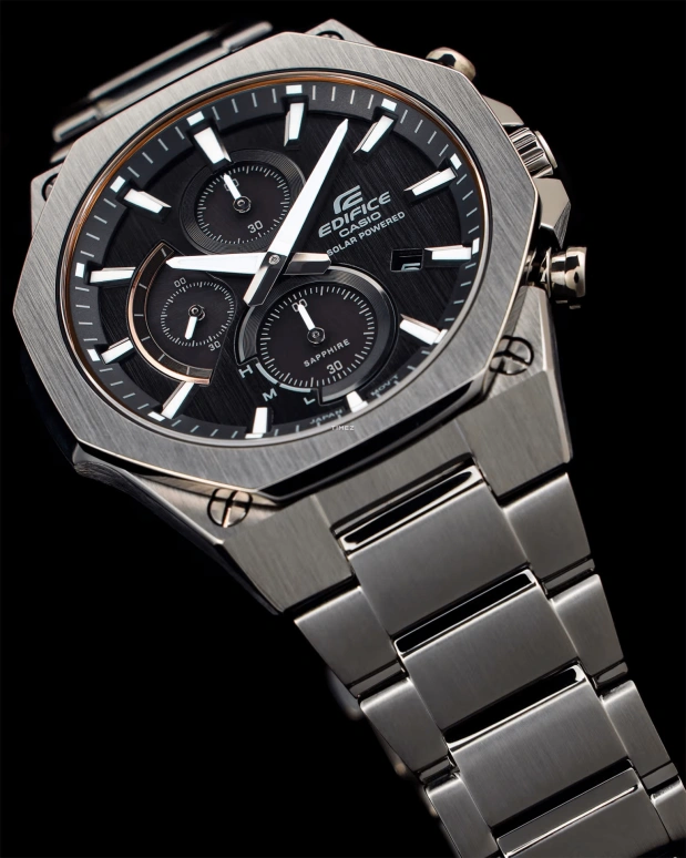 Casio,EDIFICE 49x44mm,49x44mm,Stainless Steel,Black,Quartz,Chronograph,Day,Power Reserve Indicator,Solar Charging,Hardlex,Round,EFSS570DC,EFSS570DC-1A