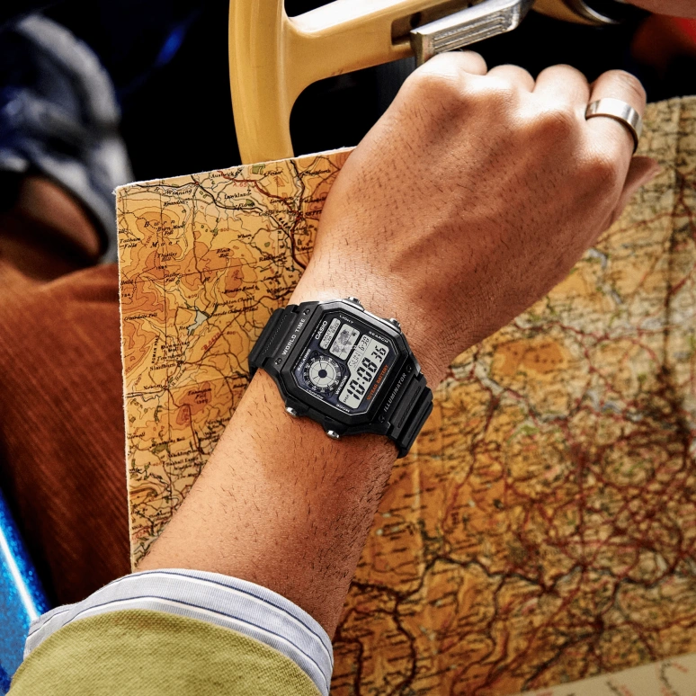 Casio,DIGITAL 45x42.10mm,45x42.10mm,Resin,Black,Grey,Quartz,Chronograph,Month,Date,Day,Plexi,Cushion,AE1200WH,AE1200WH-1A